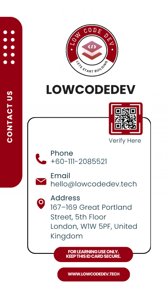 Back of the Official LowCodeDev Digital Learner Card with QR verification